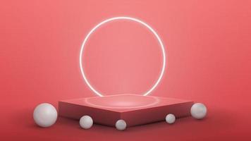pódio quadrado rosa com esferas brancas realistas ao redor e anel de néon no fundo vetor