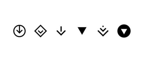 deslize de cima para baixo ou baixe o ícone de rolagem conjunto de pictogramas isolado para o design de interface do usuário da web do blogger. vetor seta preta inferior para aplicativo e rede social. ilustração simples de eps