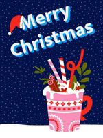 colorida Natal cartão com inverno beber dentro Rosa copo com ornamento, café com canela e especiarias. azul fundo com neve. vetor