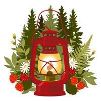 vermelho vintage acampamento lanterna. floresta verão panorama com abeto árvores, samambaias, margaridas, morangos. ilustrado vetor clipart.