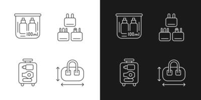 ícones lineares de fundamentos de viagem portátil definidos para o modo escuro e claro bolsa compacta. plugues de viagem. símbolos personalizáveis de linha fina. ilustrações isoladas de contorno vetorial. curso editável vetor