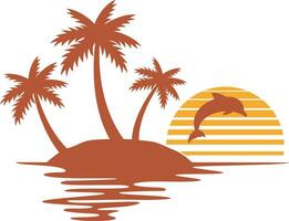 ilustração do tropical ilha com Palmeiras, pôr do sol e golfinho vetor
