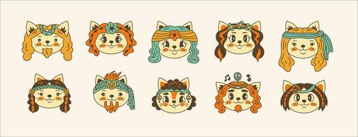 hippie gato cabeça coleção vetor