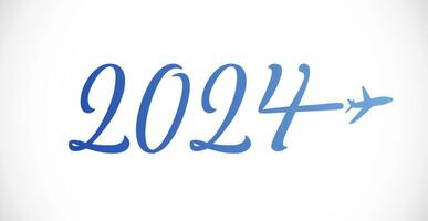 feliz Novo ano 2024 viagem companhia logotipo. criativo tipográfico Projeto com azul avião. o negócio viagem 2024 símbolo. calendário título ideia. Internet ícone. moderno estilo número 20 24. isolado gráfico. vetor