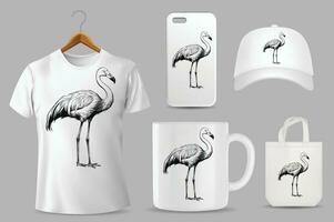 mão desenhado esboço flamingo ilustração em diferente produtos modelos vetor