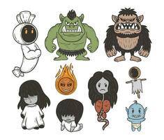 indonésio fantasma, pocong, butô ijo, banaspati, gênerouwo, kuntilanak, suster ngesot, kuyang, prisão, tuyul desenho animado rabisco vetor ilustração