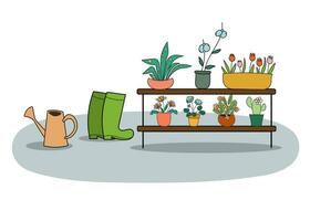 jardim suprimentos, rega pode, botas, em vaso plantas para a estufa. vetor