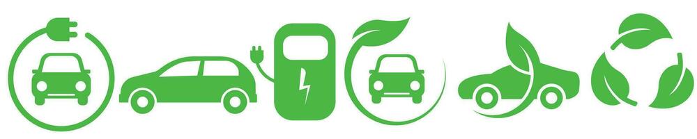 elétrico carro. conjunto do verde elétrico carro com plugue. elétrico carro carregador lugar. recarregador bateria estação para automóvel. amigáveis alternativo energia. vetor ilustração