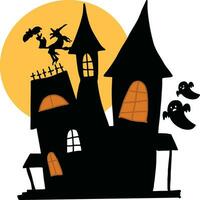 dia das Bruxas imagem assombrada casa com fantasma, bruxa e assustador cheio lua. vetor