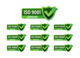 conjunto do iso certificação carimbo e rótulos. iso certificado distintivo. em formação segurança gestão vetor