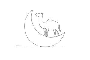 1 contínuo linha desenhando do camelo sobre lua eid al adha conceito vetor