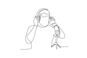 1 contínuo linha desenhando do homem obtendo pronto para plugue dentro fones de ouvido para registro uma podcast vetor