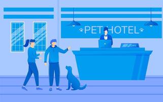 ilustração em vetor plana hotel para animais de estimação. convidados com animais perto da recepção. recepcionista trabalhando com computador na recepção. processo de registro, faça check-in. pessoas com personagens de desenhos animados de cães