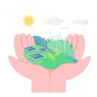 ilustração em vetor conceito plana de proteção de meio ambiente. mãos segurando terras com painéis solares e turbinas eólicas. Eco friendly living 2d cartoon element para web design. usar energia alternativa criativa