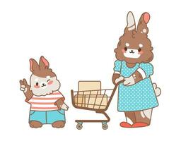 família compras. mãe Coelho e filho Coelho com compras carrinho. fofa vetor ilustração para loja vendas.