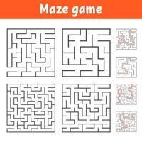 um conjunto de labirintos quadrados de vários níveis de dificuldade. quebra-cabeça para crianças. uma entrada, uma saída. enigma do labirinto. ilustração em vetor plana isolada no fundo branco. com resposta.