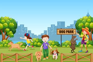 Pessoas e cachorro no parque do cão vetor