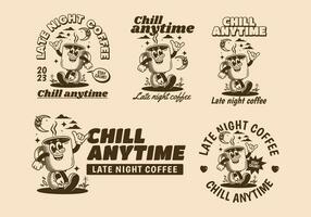calafrio a qualquer momento, atrasado noite café. mascote personagem ilustração do caminhando café caneca vetor