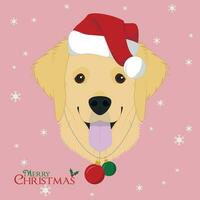 Natal cumprimento cartão. dourado retriever cachorro com vermelho papai noel chapéu e Natal brinquedo bolas vetor