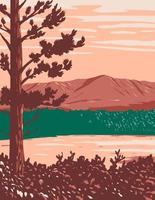 Mount Katahdin maine north woods e rio fluindo em katahdin woods and water monument national monument dentro de penobscot county maine usa wpa poster art vetor