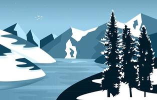 lago congelado inverno gelo montanha pinho natureza paisagem ilustração vetor