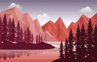 ilustração pacífica montanha lago rio pinheiro natureza paisagem vetor
