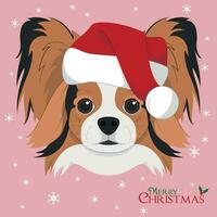 Natal cumprimento cartão. papillon cachorro com vermelho papai noel chapéu vetor