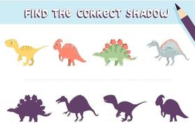 encontre a sombra correta. dinossauros fofos. jogo educativo para crianças. coleção de jogos infantis. ilustração vetorial no estilo cartoon vetor