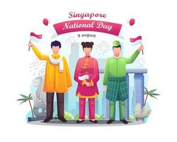 pessoas de diferentes culturas celebram o dia da independência de Singapura em 9 de agosto. ilustração vetorial vetor