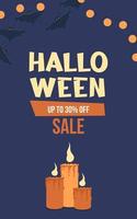 banner vertical de venda de halloween. descontos de outono. ilustração vetorial plana com morcegos e velas. vetor