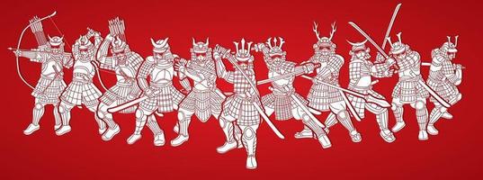 grupo de guerreiro samurai com ação de armas vetor