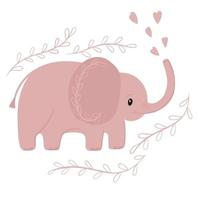 elefante rosa fofo solta corações de seu tronco. ilustração infantil vetor