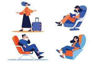 mão desenhado turista com cadeira em avião dentro plano estilo vetor