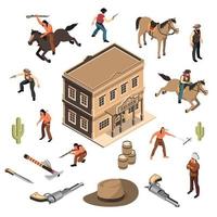 Ilustração em vetor conjunto isométrico de cowboys do oeste selvagem