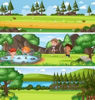 paisagem de natureza diferente em cena diurna com personagem de desenho animado vetor