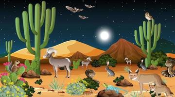paisagem da floresta do deserto à noite com animais selvagens vetor