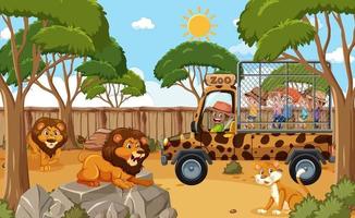 crianças em carro de turismo observando grupo de leões no zoológico vetor