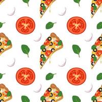 fundo brilhante com fatias de pizza, rúcula, tomate e cebola. impressão de fast food com vegetais e queijo. design para têxteis, papel, café e restaurante vetor