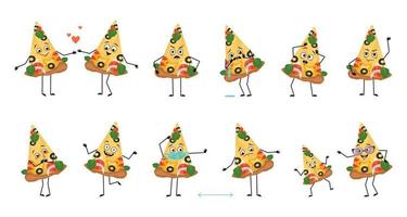 conjunto de personagens fofinhos de pizza com emoções, rosto, braços e pernas vetor