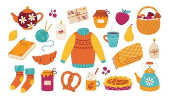 conjunto do acolhedor outono elementos. suéter, torta, geléia, café e chá. vetor ilustração