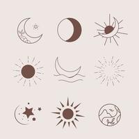 arte do logotipo do boho clipart da lua do sol, decoração espiritual esotérica do zodíaco celestial, clipart do dia das bruxas vetor