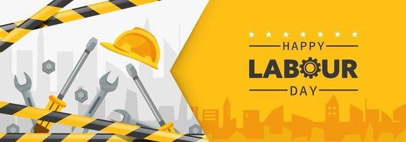 modelo de cartaz do dia do trabalho. com capacete de segurança amarelo e ferramentas de construção. banner moderno ou cartaz para o dia do trabalho. celebração do dia internacional dos trabalhadores vetor