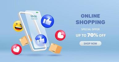 venda ou promoção de compras online em fundo azul mínimo. loja online com ícone social emoji móvel e 3d. ilustração vetorial vetor