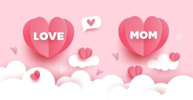 cartão do dia das mães. corte de papel com corações, nuvens e discurso de bolha em fundo rosa pastel. ilustração vetorial vetor