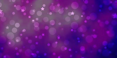 pano de fundo vector roxo claro com círculos, estrelas.