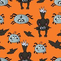 desatado dia das Bruxas padronizar em a laranja fundo - Preto gato, morcegos e aranhas. vetor rabisco desenho animado ilustração