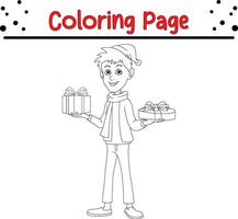 feliz Natal criança com presente coloração página para crianças. vetor