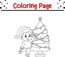 Natal crianças com árvore coloração página para crianças. vetor Preto e branco ilustração isolado em branco fundo.