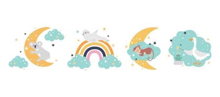conjunto de animais fofos com lua, nuvem, arco-íris.