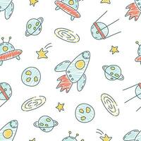 desatado padronizar com espaço, estrelas, foguetes, planetas e satélites. crianças vetor ilustração dentro a rabisco estilo para impressão em roupas, tecido, invólucro papel. desenhando com uma marcador